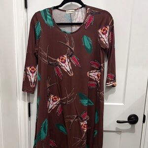 Brown Dress with Feather and Skull Print